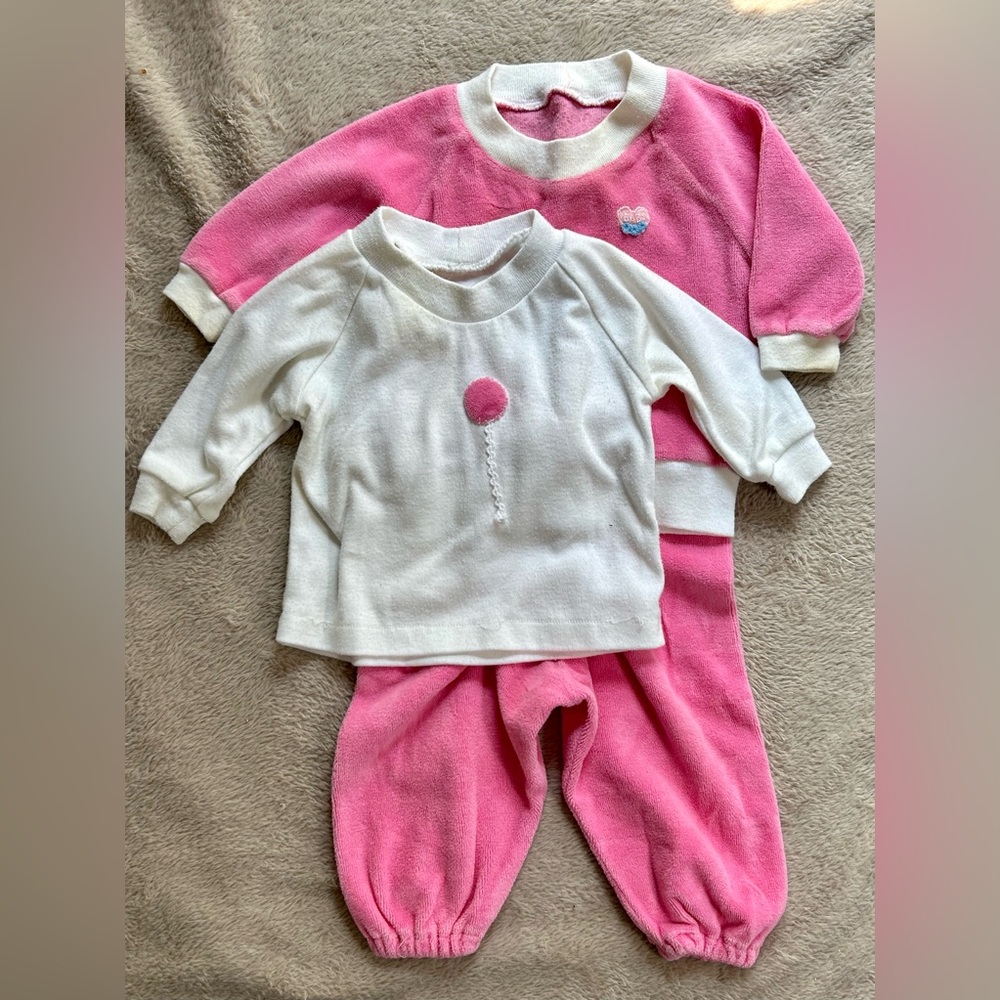 Vintage Hand Made Pink Velour Tracksuit and Long Sleeve size 18 mos Pink Balloon